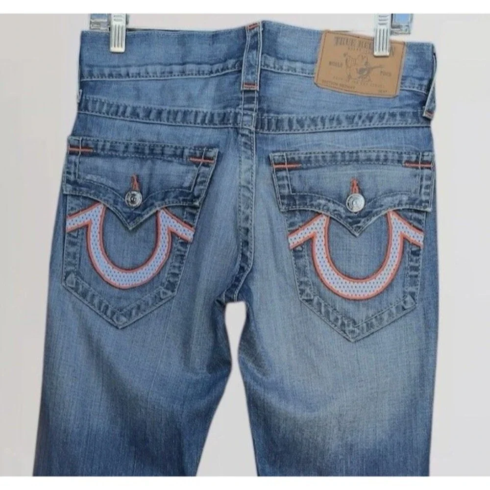 True Religion Skinny Flap Mesh Men’s W28 L34 Blue Jeans With Orange Embroidery